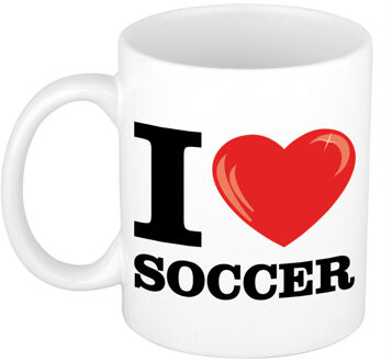 I Love Soccer / voetbal cadeau mok / beker wit met hartje 300 ml - feest mokken Multikleur