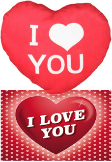I Love You Set - Hartjes kussen met ansichtkaart - Rood - 20 cm