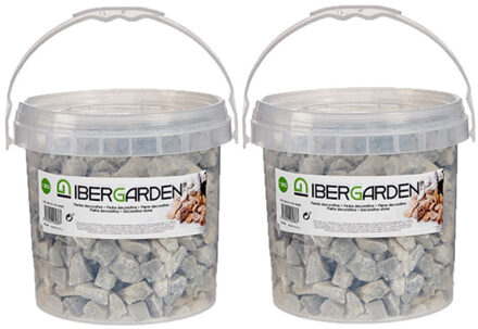 IBERGARDEN 2x pakjes decoratie steentjes/kiezels lichtgrijs grof 3 kg