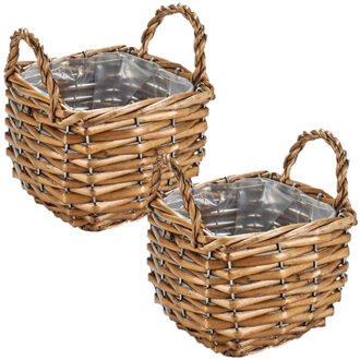 IBERGARDEN Set van 2x stuks bloempotten/plantenbakken riet/rotan mand met handvaten vierkant 15 x 15 x 14 cm - Plantenbakken Bruin