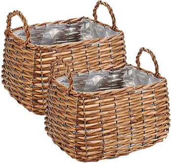 IBERGARDEN Set van 2x stuks plantenbak manden gevlochten riet met binnenmand 26 x 21 x 16 cm - Plantenbakken Bruin