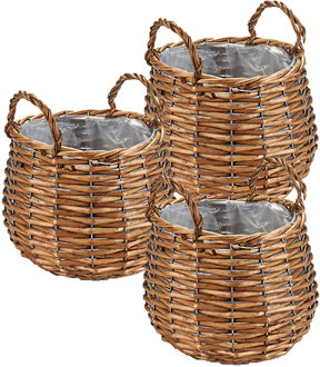IBERGARDEN Set van 3x stuks plantenbak manden gevlochten riet met binnenmand 15 x 15 x 11,5 cm