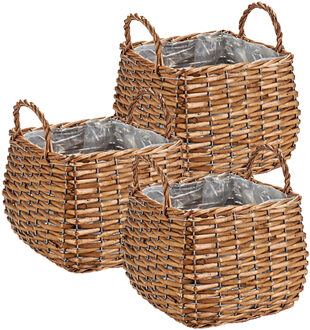 IBERGARDEN Set van 3x stuks plantenbak manden gevlochten riet met binnenmand 16,5 x 16,5 x 11,5 cm