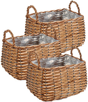 IBERGARDEN Set van 3x stuks plantenbak manden gevlochten riet met binnenmand 20 x 15 x 11,5 cm