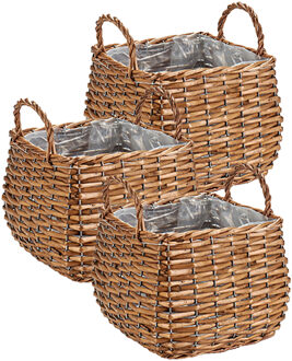 IBERGARDEN Set van 3x stuks plantenbak manden gevlochten riet met binnenmand 23,5 x 23,5 x 15,5 cm