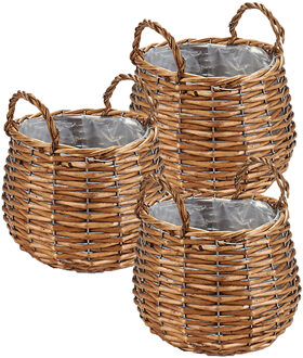 IBERGARDEN Set van 3x stuks plantenbak manden gevlochten riet met binnenmand 23 x 23 x 16,5 cm