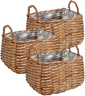 IBERGARDEN Set van 3x stuks plantenbak manden gevlochten riet met binnenmand 26 x 21 x 16 cm