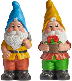 IBERGARDEN Tuinkabouter beeldjes - set van 2x - Keramiek - 24.5 cm - geel/blauw - Tuinbeelden Multikleur