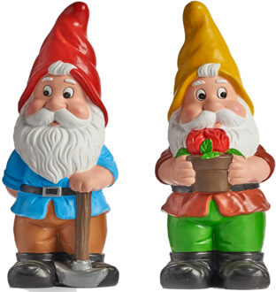 IBERGARDEN Tuinkabouter beeldjes - set van 2x - Keramiek - 24.5 cm - geel/rood - Tuinbeelden Multikleur