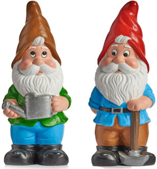 IBERGARDEN Tuinkabouter beeldjes - set van 2x - Keramiek - 24.5 cm - rood/bruin - Tuinbeelden Multikleur