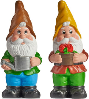 IBERGARDEN Tuinkabouter beeldjes set van 2x - Keramiek - 38 cm - bruin/geel