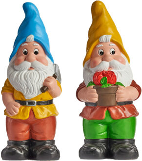 IBERGARDEN Tuinkabouter beeldjes set van 2x - Keramiek - 38 cm - geel/blauw