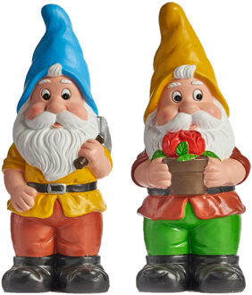 IBERGARDEN Tuinkabouter beeldjes set van 2x - Keramiek - 50 cm - geel/blauw