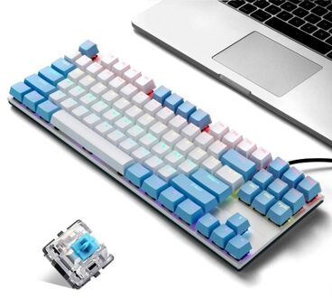 iBlancod K87 87 Keys Wired Mechanical Keyboard Metal Panel Two-color Injection Keycap 20 Light Effects Blue&White(Blue Switches)