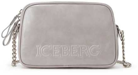 Iceberg Gekraakte Leren Clutch Tas met Metalen Ketting Iceberg , Gray , Dames - ONE Size