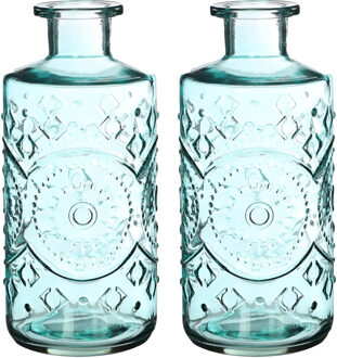Ideas 4 Seasons Bloemenvaas/flesvaas Berlin - 2x - met motief - helder glas - lichtblauw - D9 x H21 cm