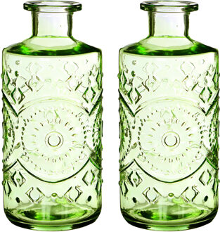 Ideas 4 Seasons Bloemenvaas/flesvaas Berlin - 2x - met motief - helder glas - lichtgroen - D9 x H21 cm