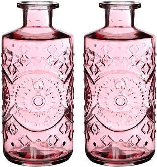 Ideas 4 Seasons Bloemenvaas/flesvaas Berlin - 2x - met motief - helder glas - lichtroze - D9 x H21 cm