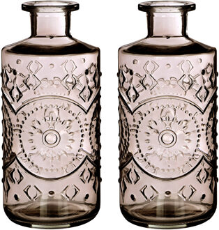 Ideas 4 Seasons Bloemenvaas/flesvaas Berlin - 2x - met motief - helder glas - smoke grijs - D9 x H21 cm