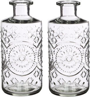 Ideas 4 Seasons Bloemenvaas/flesvaas Berlin - 2x - met motief - helder glas - transparant - D9 x H21 cm