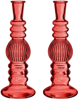 Ideas 4 Seasons Bloemenvaas Florence - 2x - koraal rood glas - ribbel - D8,5 x H23 cm - Vazen