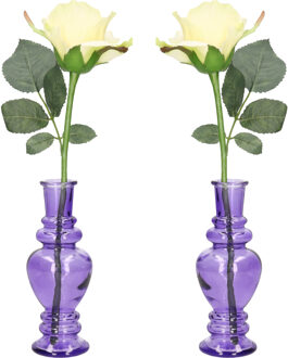Ideas 4 Seasons Bloemenvaas Venice - 2x - voor kleine stelen/boeketten - gekleurd glas - helder paars - D5,7 x H15 c