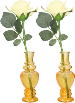 Ideas 4 Seasons Bloemenvaas Venice - 2x - voor kleine stelen/boeketten - gekleurd glas - ribbel okergeel - D5,7 x H1