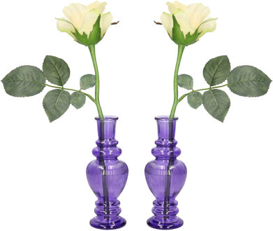Ideas 4 Seasons Bloemenvaas Venice - 2x - voor kleine stelen/boeketten - gekleurd glas - ribbel paars - D5,7 x H15 c