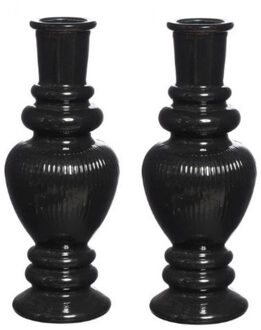 Ideas 4 Seasons Bloemenvaas Venice - 2x - voor kleine stelen - gekleurd glas - ribbel zwart - D5,7 x H15 cm