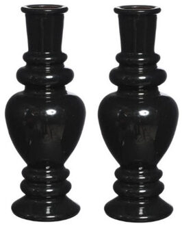Ideas 4 Seasons Bloemenvaas Venice - 2x - voor kleine stelen - gekleurd glas - transparant zwart - D5,7 x H15 cm