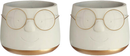 Ideas 4 Seasons Bloempot/plantenpot gezicht met brilletje - 2x - wit/goud - voor kamerplant - D16 x H12 cm