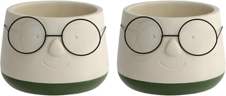 Ideas 4 Seasons Bloempot/plantenpot gezicht met brilletje - 2x - wit/groen - voor kamerplant - D14 x H11 cm