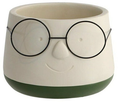 Ideas 4 Seasons Bloempot/plantenpot gezicht met brilletje - wit/groen - voor kamerplant - D16 x H12 cm