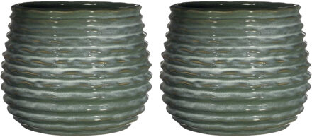 Ideas 4 Seasons Bloempot/plantenpot Rise - 2x - ribbel - donkergroen - voor kamerplant - D14 x H10 cm