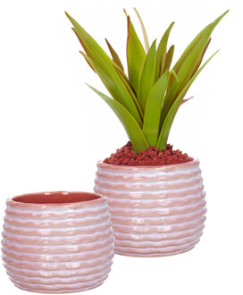Ideas 4 Seasons Bloempot/plantenpot Rise - 2x - ribbel - zachtroze - voor kamerplant - D14 x H10 cm