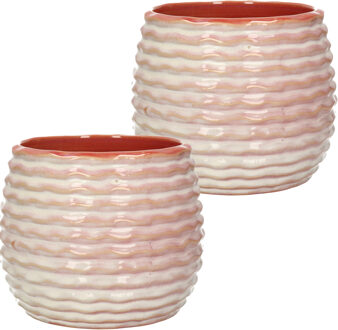 Ideas 4 Seasons Bloempot/plantenpot Rise - 2x - ribbel - zachtroze - voor kamerplant - D16 x H13 cm
