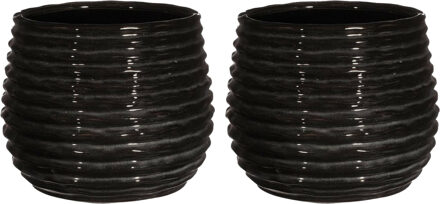 Ideas 4 Seasons Bloempot/plantenpot Rise - 2x - ribbel - zwart - voor kamerplant - D16 x H13 cm