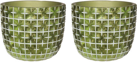 Ideas 4 Seasons Bloempot ruit motief Hanoi - 2x - metallic groen - D12 x H10 cm - Plantenpotten