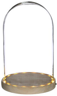 Ideas 4 Seasons Decoratie stolp - glas - houten plateau - LED licht - D17 x H25,5 cm - Decoratieve stolpen Transparant