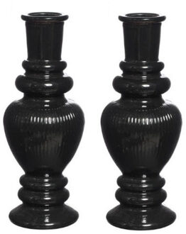 Ideas 4 Seasons Kaarsen kandelaar Venice - 2x - gekleurd glas - ribbel zwart - D5,7 x H15 cm