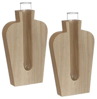 Ideas 4 Seasons Stekvaasje/bloemenvaasje reageerbuis model - 2x - 8 x 3 x 14 cm - op voet van hout