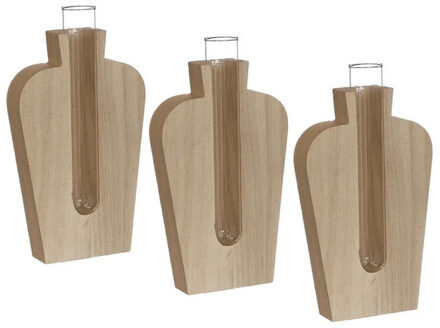 Ideas 4 Seasons Stekvaasje/bloemenvaasje reageerbuis model - 3x - 8 x 3 x 14 cm - op voet van hout