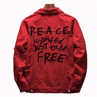 Idopy Mode Mannen Mode Ripped Rode Denim Jassen Borduren Gaten Streetwear Vernietigd Jean Bovenkleding Plus Size M-4XL