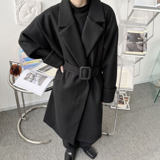 Iefb Mannen Knop Decoratieve Riem Bandage Taille Wollen Jas Oversized Mid Lengte Kleding Dikke Mannelijke Jassen Lange mouw Y4926 zwart / XL