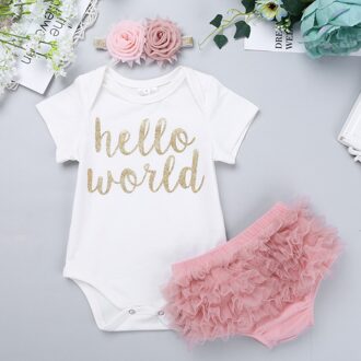 Iiniim Infantil Baby Meisjes Hello World Outfit Korte Mouwen Romper met Bloeiers Hoofdband Set voor Pasgeborenen Photo Party Kleding 12m