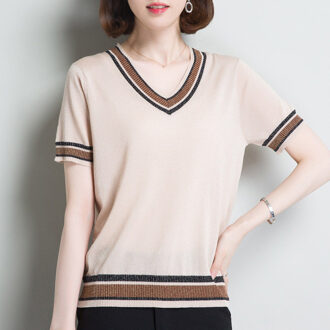 Ijs Zijde Vrouwen Gebreide Zomer Truien Tops Mode Half Mouw O-hals Vrouwelijke Pull Jumper Dames Cool Dunne Cool Tops Femme Beige