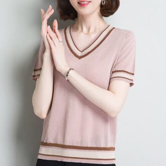 Ijs Zijde Vrouwen Gebreide Zomer Truien Tops Mode Half Mouw O-hals Vrouwelijke Pull Jumper Dames Cool Dunne Cool Tops Femme Roze