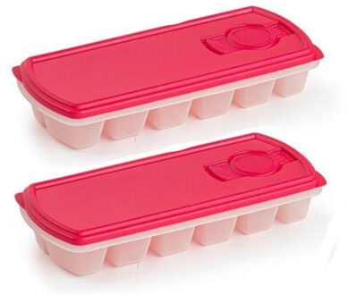 IJsblokjes vormpje met deksel - 2x - 12 ijsklontjes - kunststof - fuchsia roze