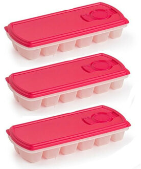 IJsblokjes vormpje met deksel - 3x - 12 ijsklontjes - kunststof - fuchsia roze