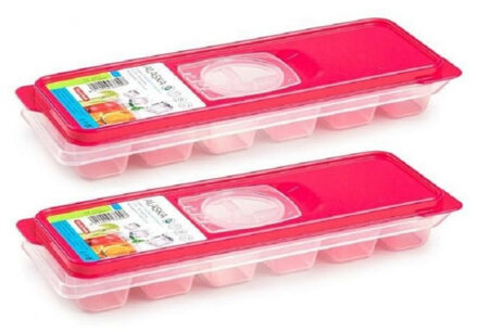 IJsblokjesvorm met deksel - 2x - 12 ijsklontjes - kunststof - fuchsia roze